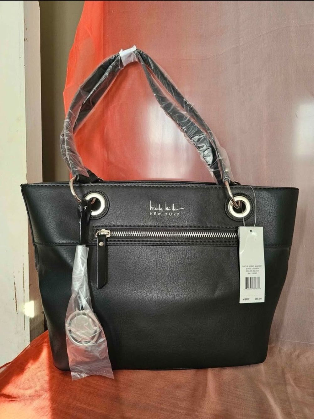 Nicole Miller Black Faux Leather Tote with Front Zip